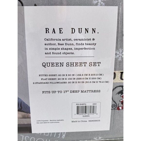 Rae Dunn Christmas Santa Claus Sleigh Reindeer QUEEN SIZE Soft Sheet Set Grey - Picture 13 of 16